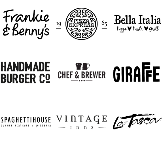 Frankie & Benny's, Pizza Express, Bella Italia, Handmade Burger Co, Chef & Brewer, Giraffe, Spaghettihouse, Vintage Inns, La Tasca